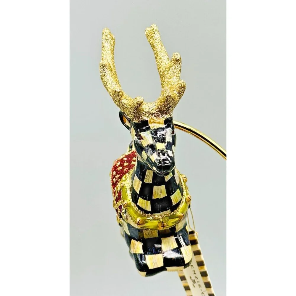 Mackenzie‎ Childs Prancer Reindeer Glass Christmas Ornament Courtly Checks Box